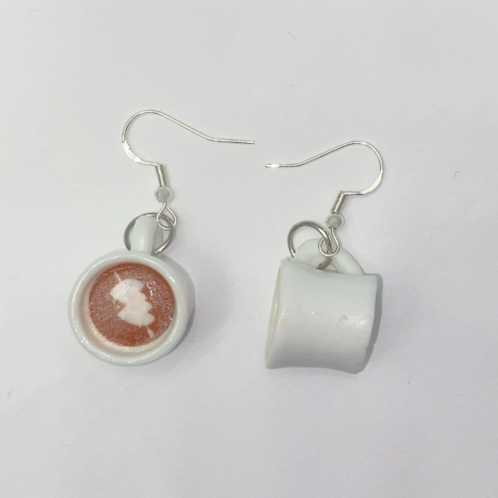 White Coffee Mug Earrings Barista Art Design Heart
